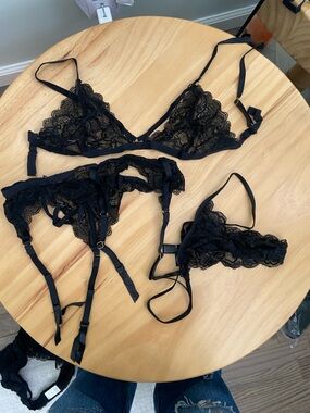 Sheer Black Lace Bralette with Matching Garter & Thong Set